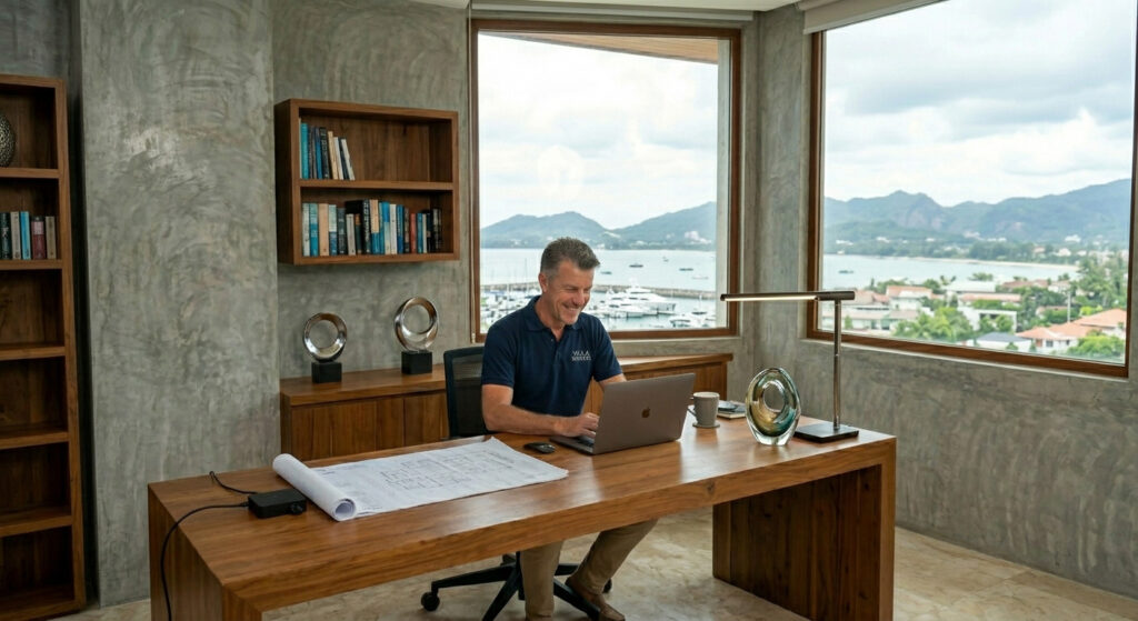 Villa maintenance manager in Phuket reviewing operations from an office