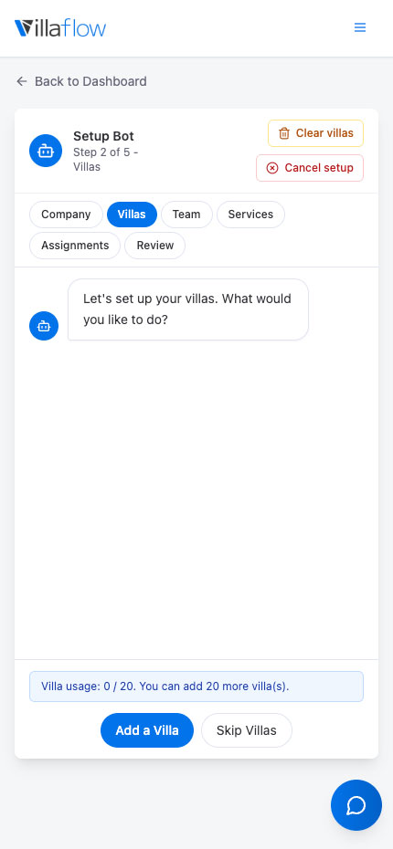 AI setup assistant for villa management software