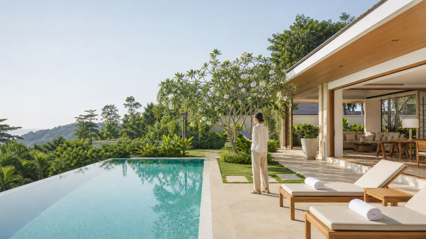 Villa manager checking a tropical villa before guest arrival in Thailand