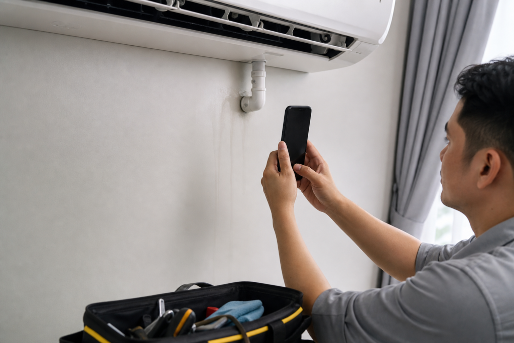 Villa manager documenting an AC drainage leak with photo proof
